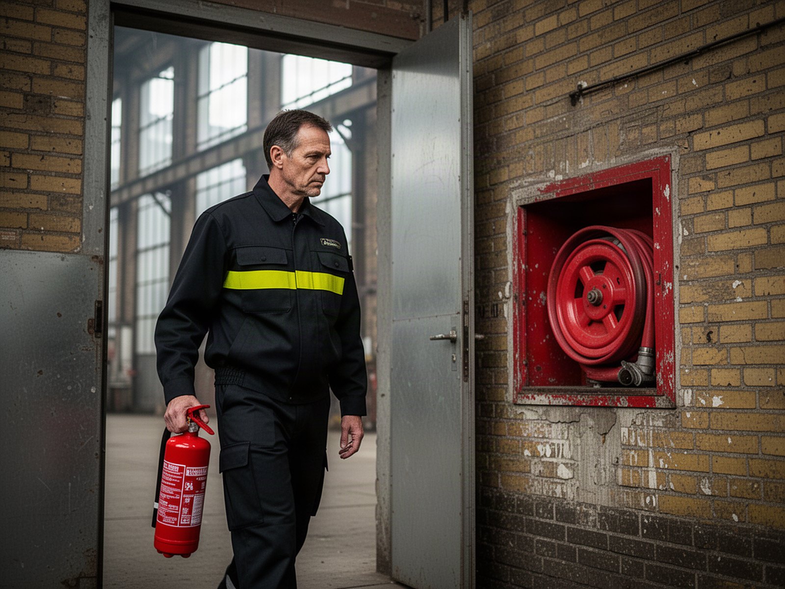 Brandschutzhelfer mit Feuerlöscher vor Halle