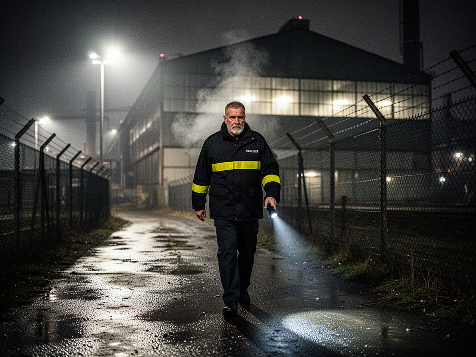 Sicherheitsmitarbeiter bei Kontrollgang auf Werksgelände