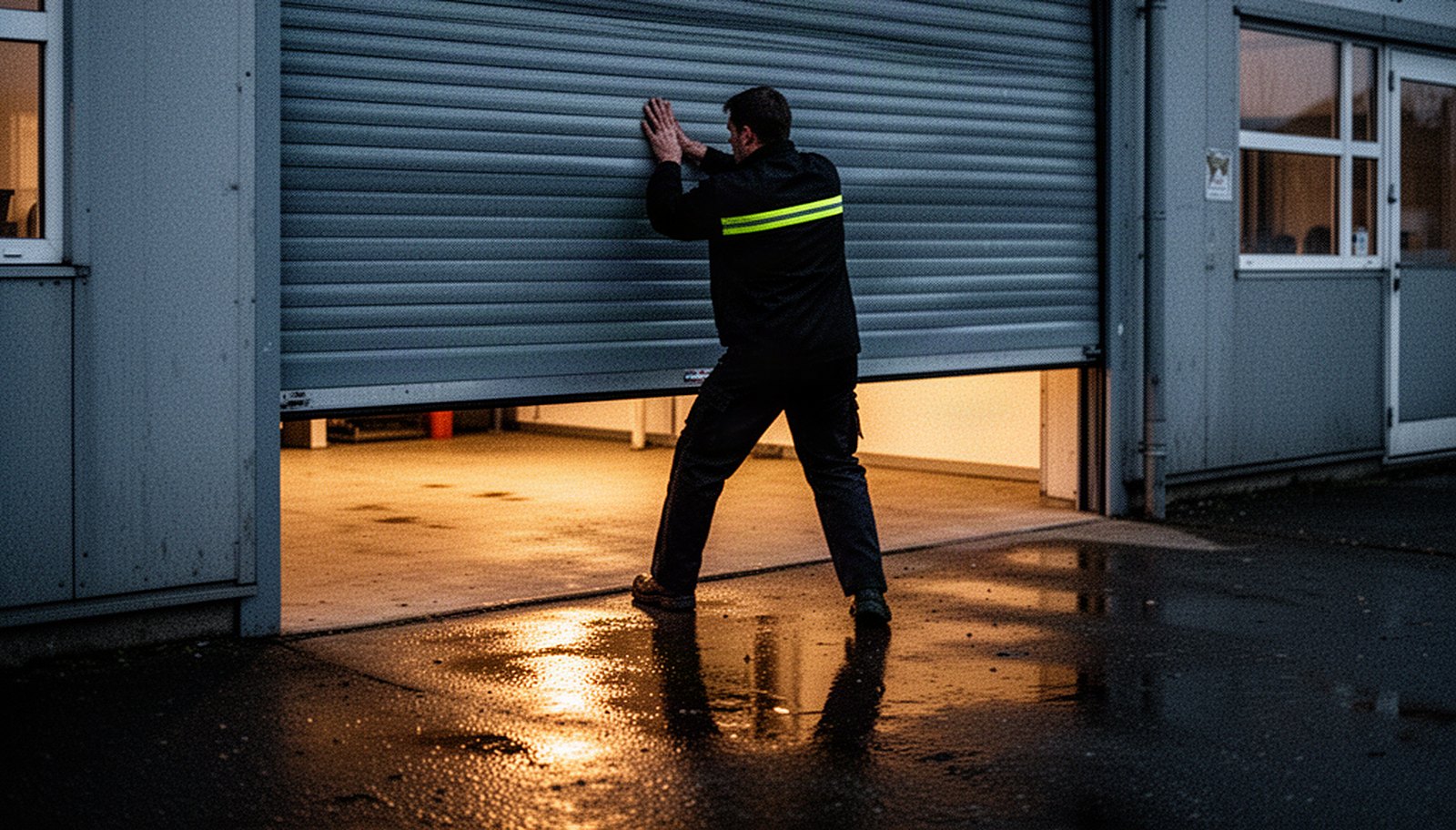 Sicherheitsmitarbeiter schließt Rolltor eines Gewerbeobjekts