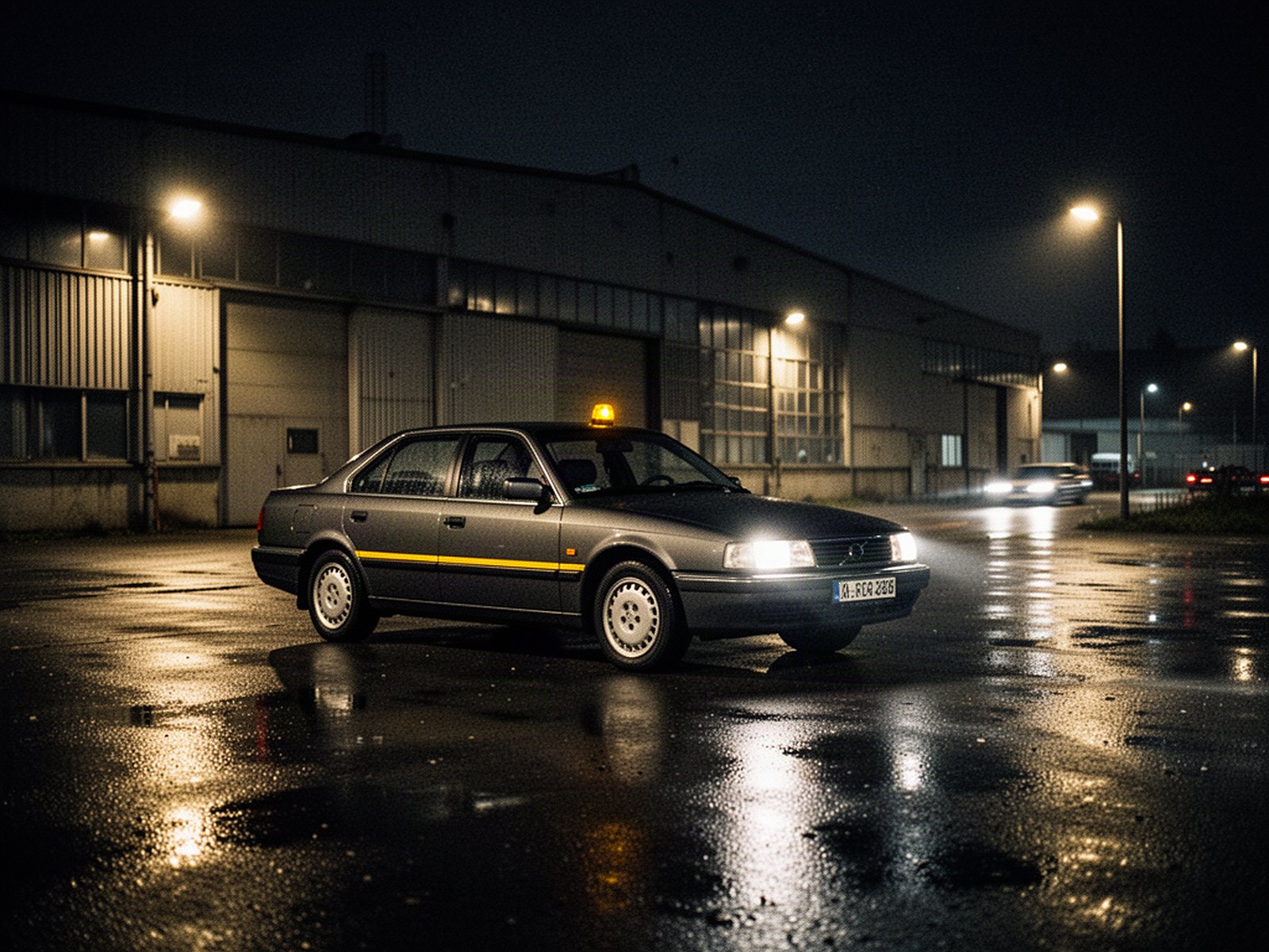 Streifenwagen von AWA vor Gewerbegebiet bei Nacht