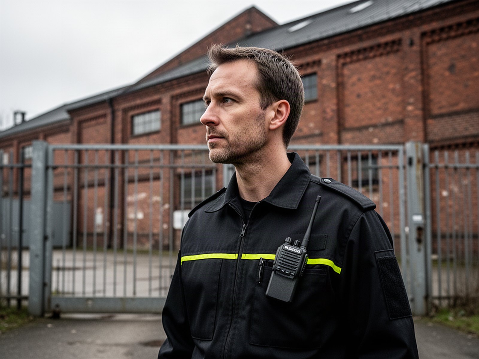 Sicherheitsmitarbeiter vor Werkstor bei Tag